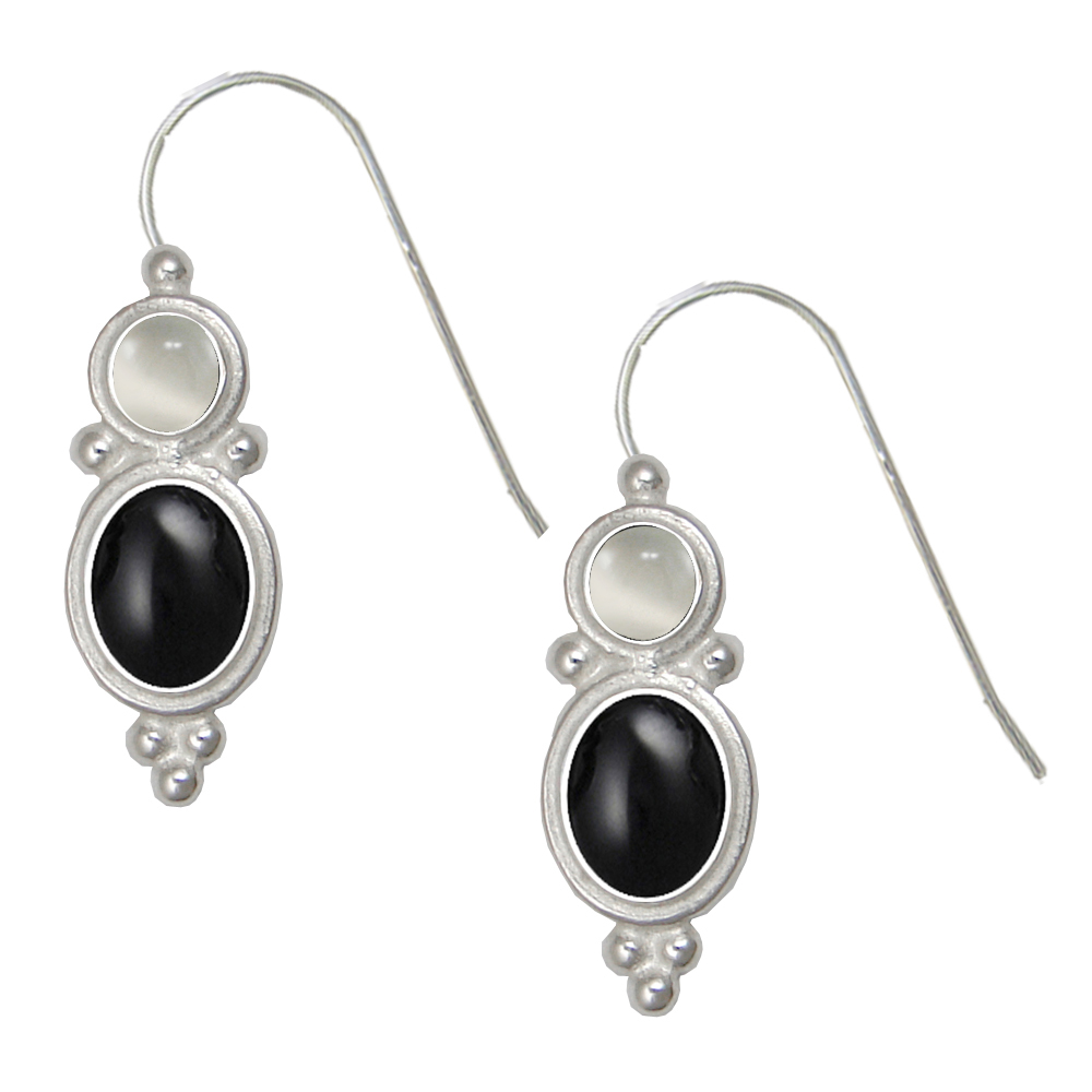 Sterling Silver Drop Dangle Earrings Black Onyx And White Moonstone